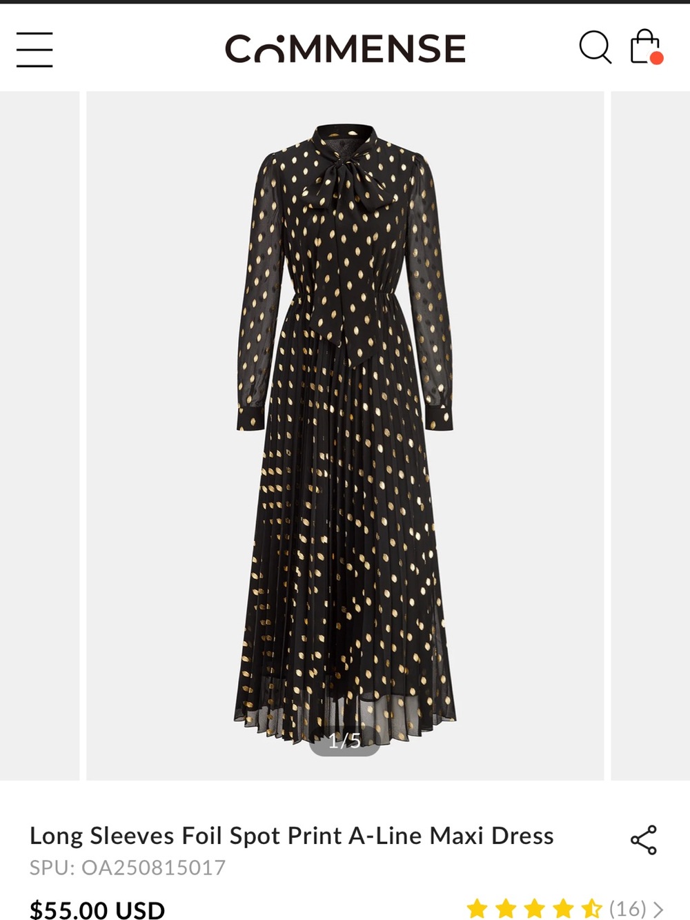 Commense Black Dress with Gold Foil Spot Print